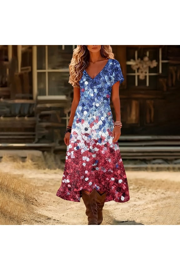 Women's Summer Maxi Dress 2026 Short Sleeve Flag Printed Independence Day Loose Long Beach Sundress Travel Vacation Outfits
