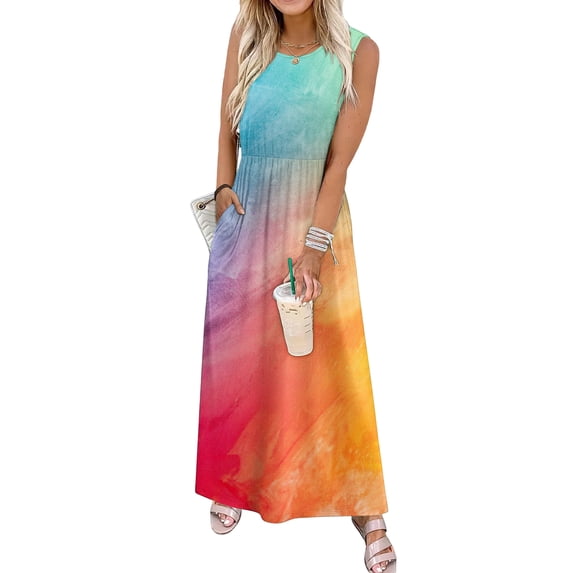 Women's Summer Maxi Dress 2026 Sleeveless Tie Dye Casual Loose Long Beach Sundress Travel Vacation Outfits