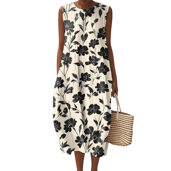 Women's Summer Maxi Dress 2060 Sleeveless Round Neck Floral Elegant Temperament Dress Casual Loose Long Beach Sundress Travel Vacation Outfits