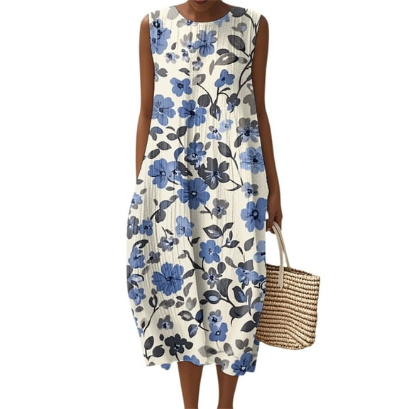 Women's Summer Maxi Dress 2060 Sleeveless Round Neck Floral Elegant Temperament Dress Casual Loose Long Beach Sundress Travel Vacation Outfits