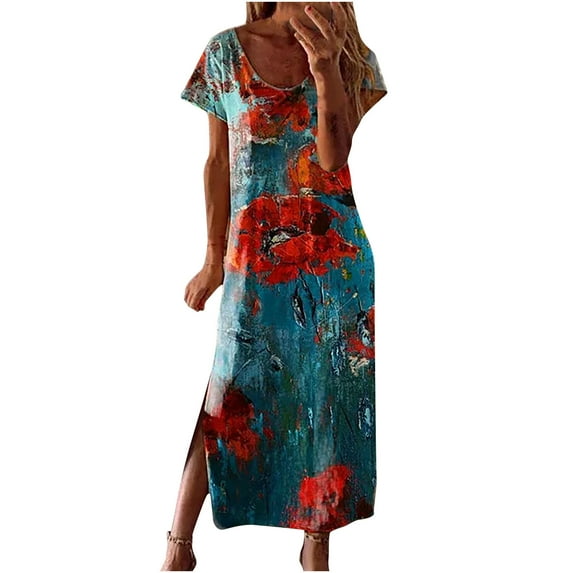 Women's Summer Maxi Dress Boho Floral Printed Long Split Dresses Sexy Short Sleeve Tshirt Vintage Beach Sun Dress