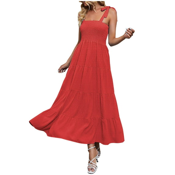 Women's Summer Maxi Dress Casual Boho Sleeveless Spaghetti Strap Smocked Tiered Flowy Swing Long Beach Sun Dresses