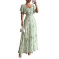 thumbnail image 1 of Women’s Summer Maxi Dress Casual Chiffon Floral Short Sleeve V Neck A-Line Flowy Dresses Beach Wedding Guest Dress Light Green XL, 1 of 6