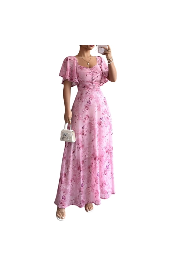 Women’s Summer Maxi Dress Casual Chiffon Floral Short Sleeve V Neck A-Line Flowy Dresses Beach Wedding Guest Dress Pink S