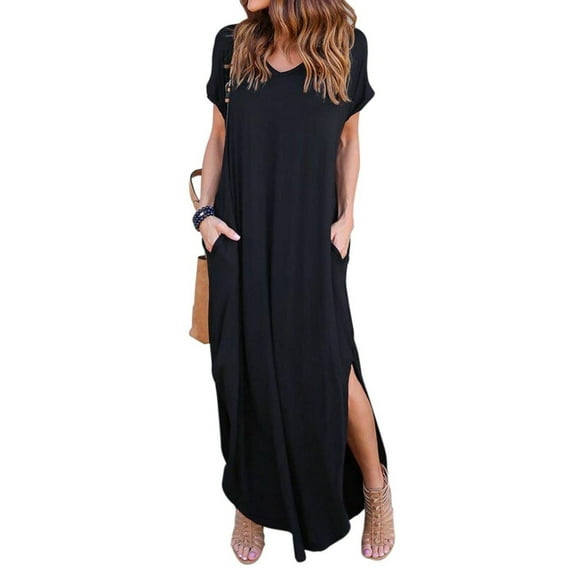 Women's Summer Maxi Dress Casual Loose Pockets Long Dress Short Sleeve Split Maxi Dresses