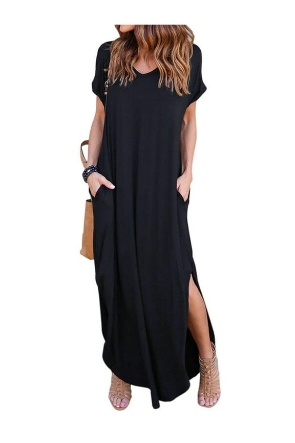 Women's Summer Maxi Dress Casual Loose Pockets Long Dress Short Sleeve Split Maxi Dresses