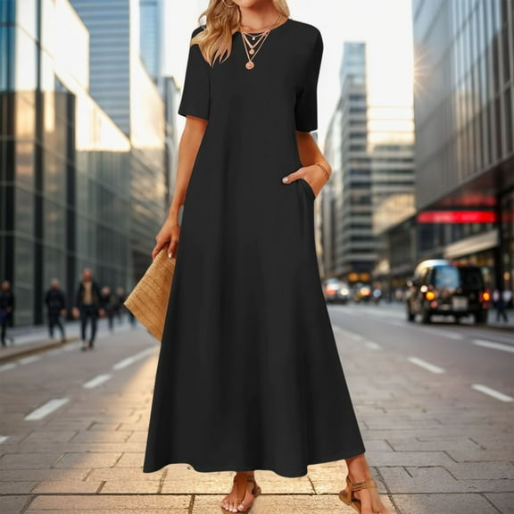 Women's Summer Maxi Dress Casual Short Sleeve T Shirt Swing Long Dress with Pockets Comfortable Crewneck A Line Flowy