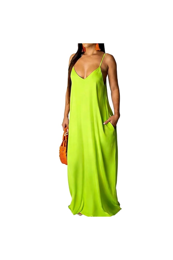 Women's Summer Maxi Dress Casual Sleeveless Bohemian Spaghetti Strap Long Cami Dresses with Pockets Boho Vacation Sundress