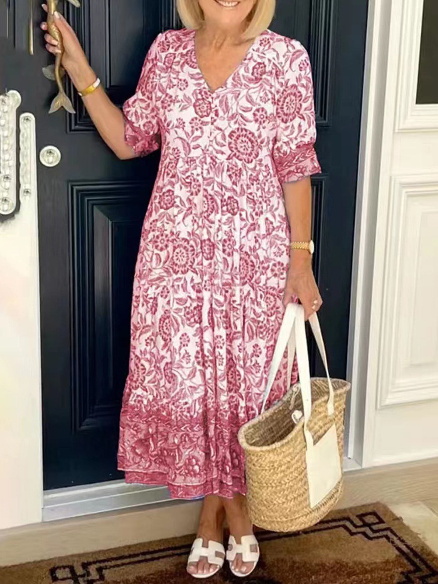 Women's Summer Maxi Dress Short Sleeve Bohemian Floral Printed Long