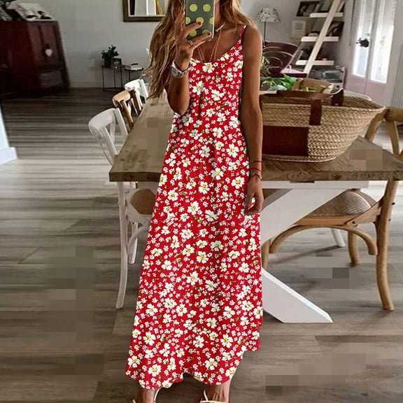 Women's Summer Maxi Dress Sleeveless V Neck Floral Dress for Women Spaghetti Strap for Casual Resort Seaside Beach Sundress