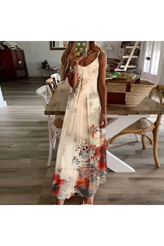 Women's Summer Maxi Dress Sleeveless V Neck Floral Dress for Women Spaghetti Strap for Casual Resort Seaside Beach Sundress