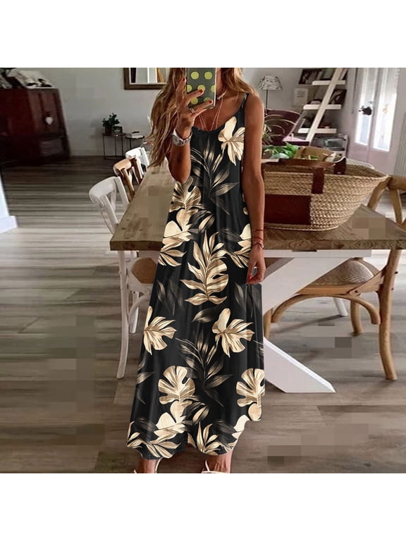 Women's Summer Maxi Dress Sleeveless V Neck Floral Dress for Women Spaghetti Strap for Casual Resort Seaside Beach Sundress