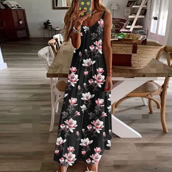 Women's Summer Maxi Dress Sleeveless V Neck Floral Dress for Women Spaghetti Strap for Casual Resort Seaside Beach Sundress