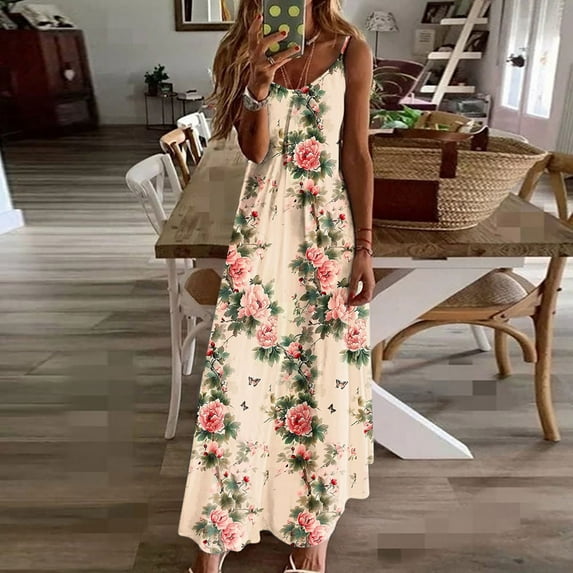 Women's Summer Maxi Dress Sleeveless V Neck Floral Dress for Women Spaghetti Strap for Casual Resort Seaside Beach Sundress