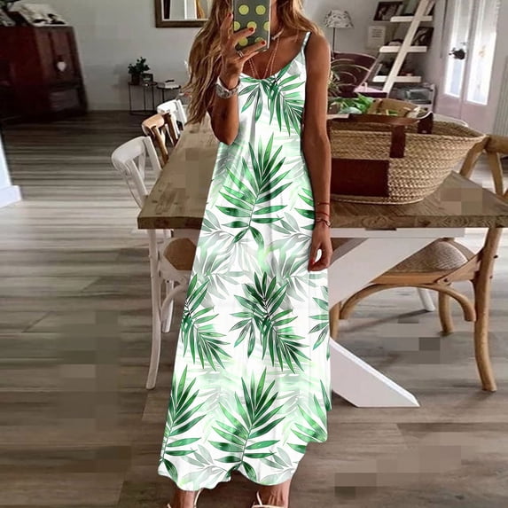 Women's Summer Maxi Dress Sleeveless V Neck Floral Dress for Women Spaghetti Strap for Casual Resort Seaside Beach Sundress