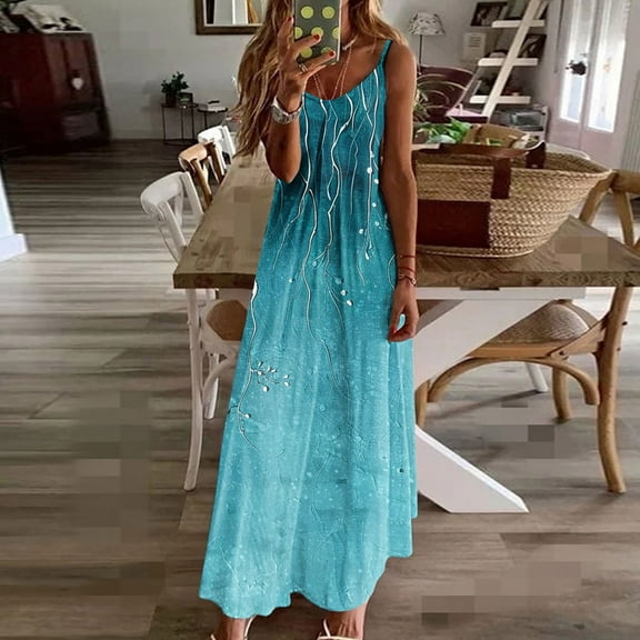 Women's Summer Maxi Dress Sleeveless V Neck Floral Dress for Women Spaghetti Strap for Casual Resort Seaside Beach Sundress