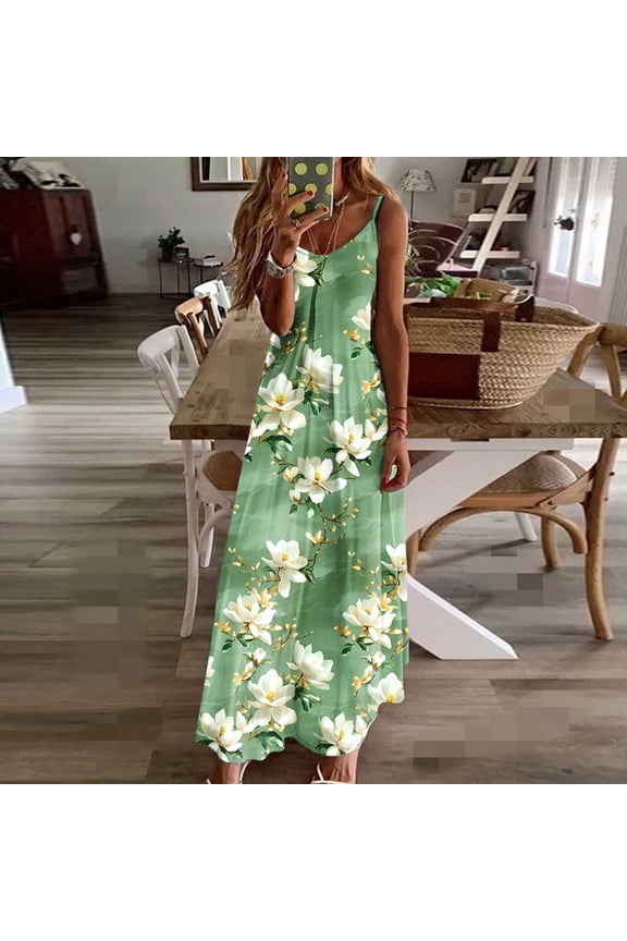 Women's Summer Maxi Dress Sleeveless V Neck Floral Dress for Women Spaghetti Strap for Casual Resort Seaside Beach Sundress