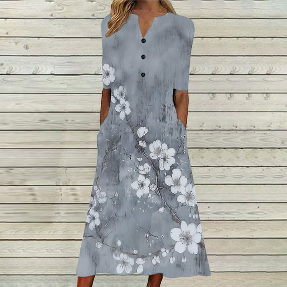 Women's Summer Maxi Dresses 2025 Casual Short Sleeve V Neck Long Dress Boho Floral Printed Button Down Sundress Flowy Beach Vacation Ladies Dress Account Purchase History Account Purchase History