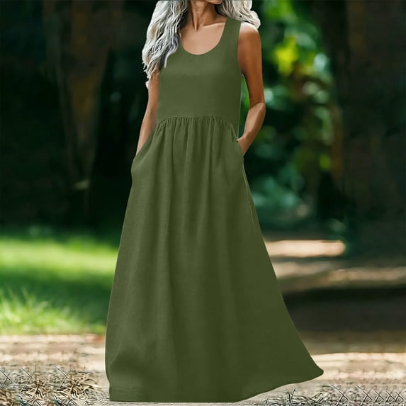 Women's Summer Maxi Dresses Plus Size Crewneck Flowy Backless Sleeveless Dress es Casual Solid Oversized Round Neck Loose Breathable Side Pockets Tank Dress