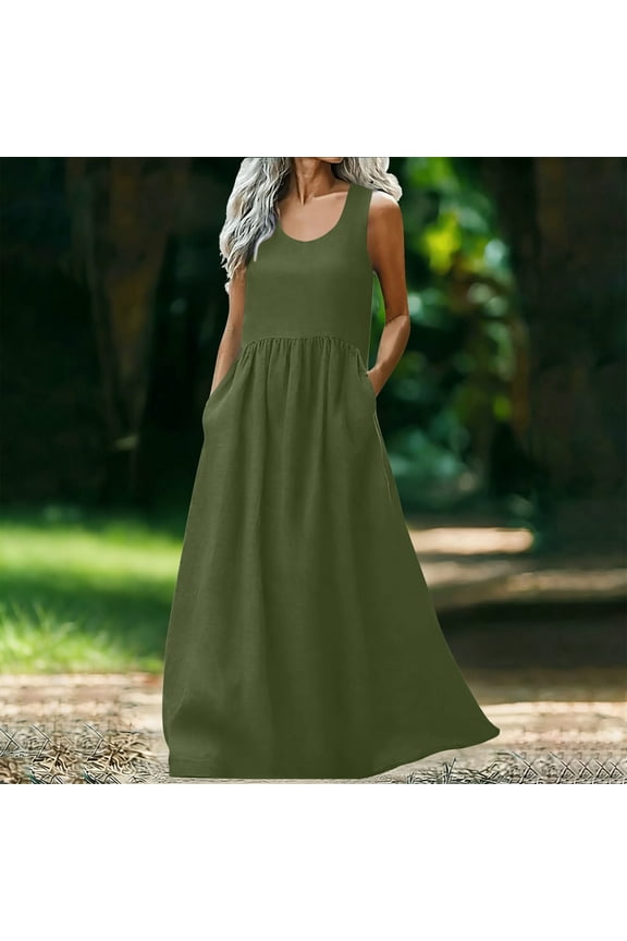 Women's Summer Maxi Dresses Plus Size Crewneck Flowy Backless Sleeveless Dress es Casual Solid Oversized Round Neck Loose Breathable Side Pockets Tank Dress