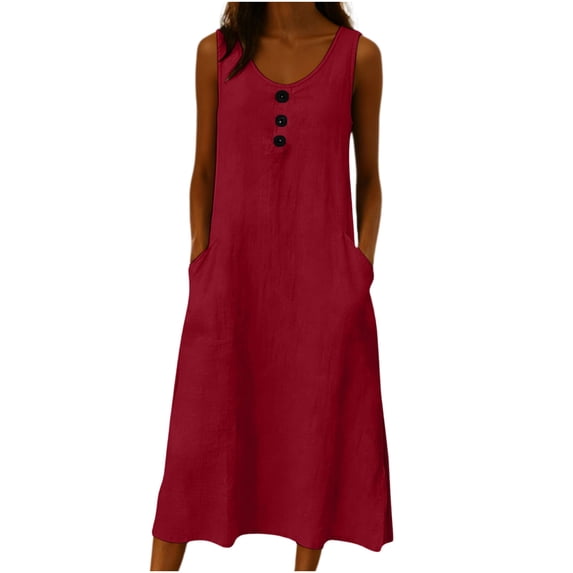 Women's Summer Maxi Dresses Sleeveless Button Flowy Loose Sundress Round Neck Gauze Dress with Pockets Beach Travel Outfits