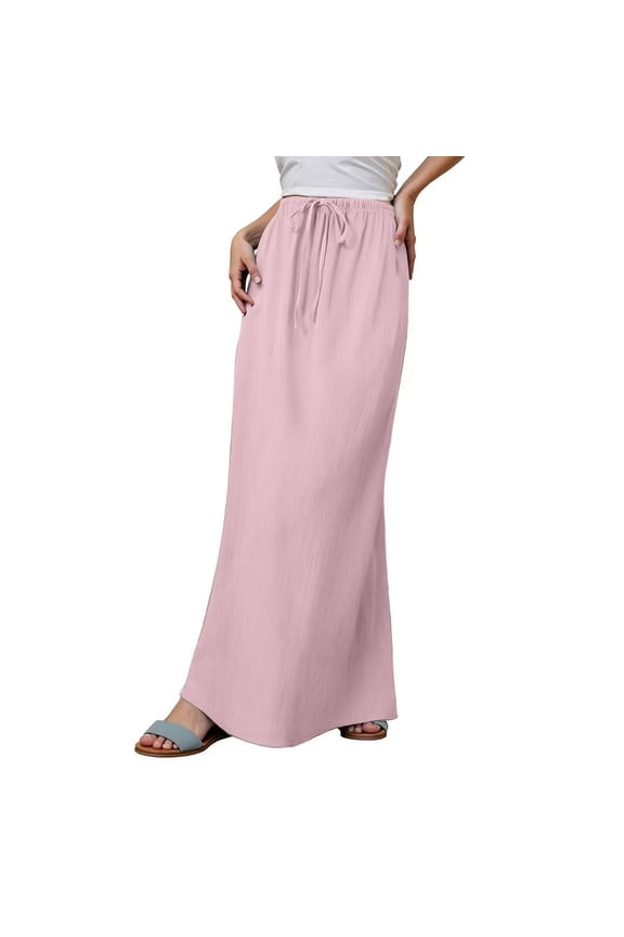 Women's Summer Maxi Skirt Drawstring Low Waist A Line Casual Skirts High Elastic Waisted Long Maxi Skirts