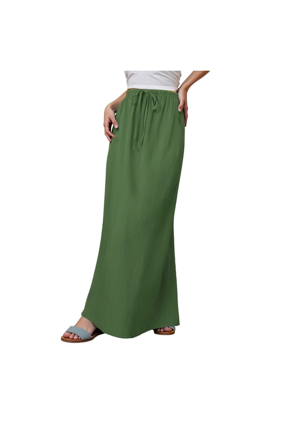 Women's Summer Maxi Skirt Drawstring Low Waist A Line Casual Skirts High Elastic Waisted Long Maxi Skirts