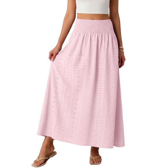 Women's Summer Maxi Skirt Trendy High Waist Pleated Ruffle Long Skirts Flowy Beach Lock Boho Dress Pink XL