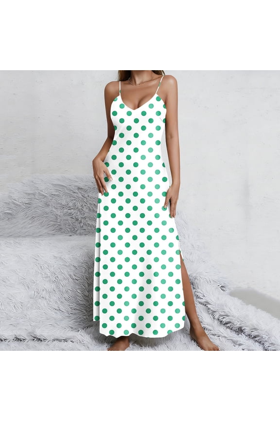 Women's Summer Maxi Slip Dress Spaghetti Strap V Neck Polka Dot Print Long Sun Dress Side Split Flowy A-Line Dress For Beach Vacation Wedding Guest Party