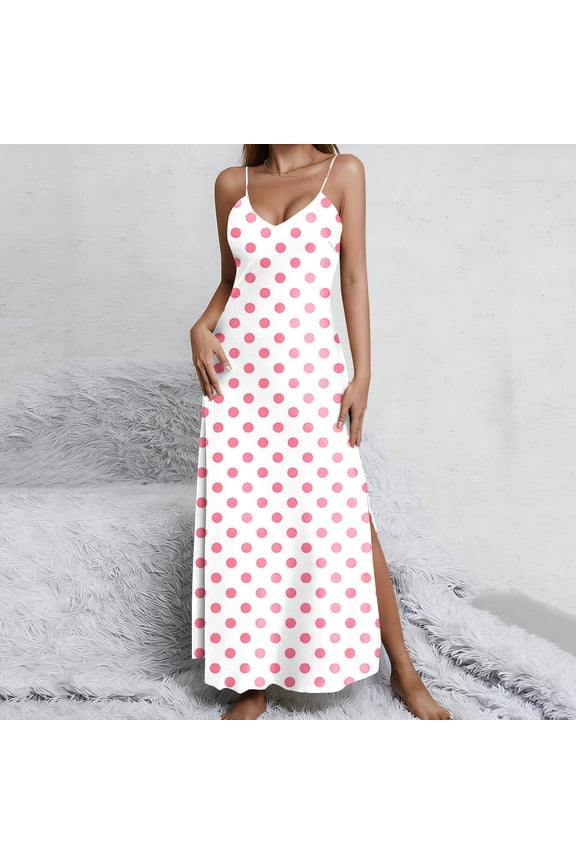 Women's Summer Maxi Slip Dress Spaghetti Strap V Neck Polka Dot Print Long Sun Dress Side Split Flowy A-Line Dress For Beach Vacation Wedding Guest Party