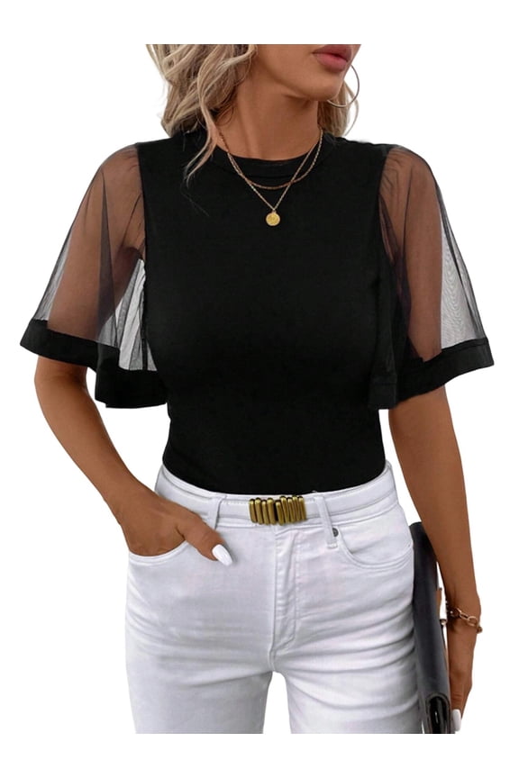 Women's Summer Mesh Bell Sleeve Shirt Casual Crewneck Slim Solid Blouse Black L