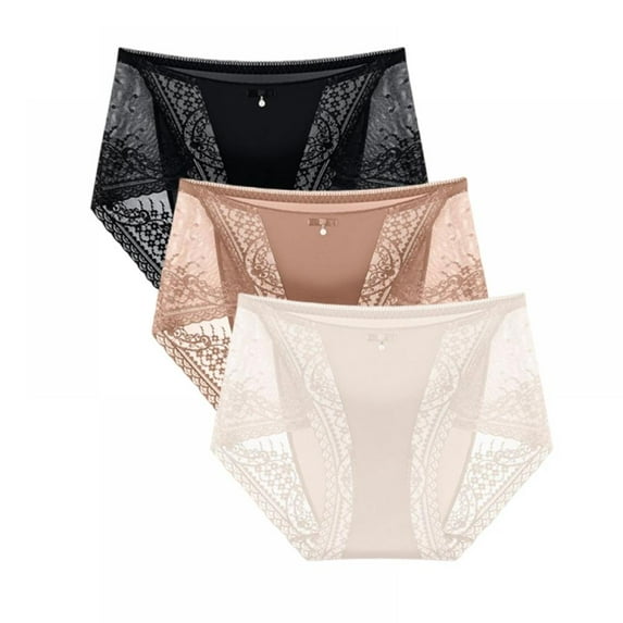 Women's Summer Mid-Rise Thin Ice Silk Briefs Solid Color Sexy Lace Patchwork Translucent Underwear Soft Smooth Panties, 3 Pack