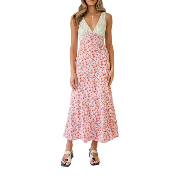 Women’s Summer Midi Dress, Bohemian Deep V Neck Sleeveless Floral Print Beach Dress