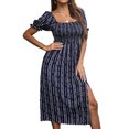 thumbnail image 1 of Women's Summer Midi Dress Stripes Short Puff Sleeve Square Neck Shirred Bust Top Skater Dresses Side Slit High Waist A Line Fit and Flare Sundress Casual Beach Navy Blue Large, 1 of 5