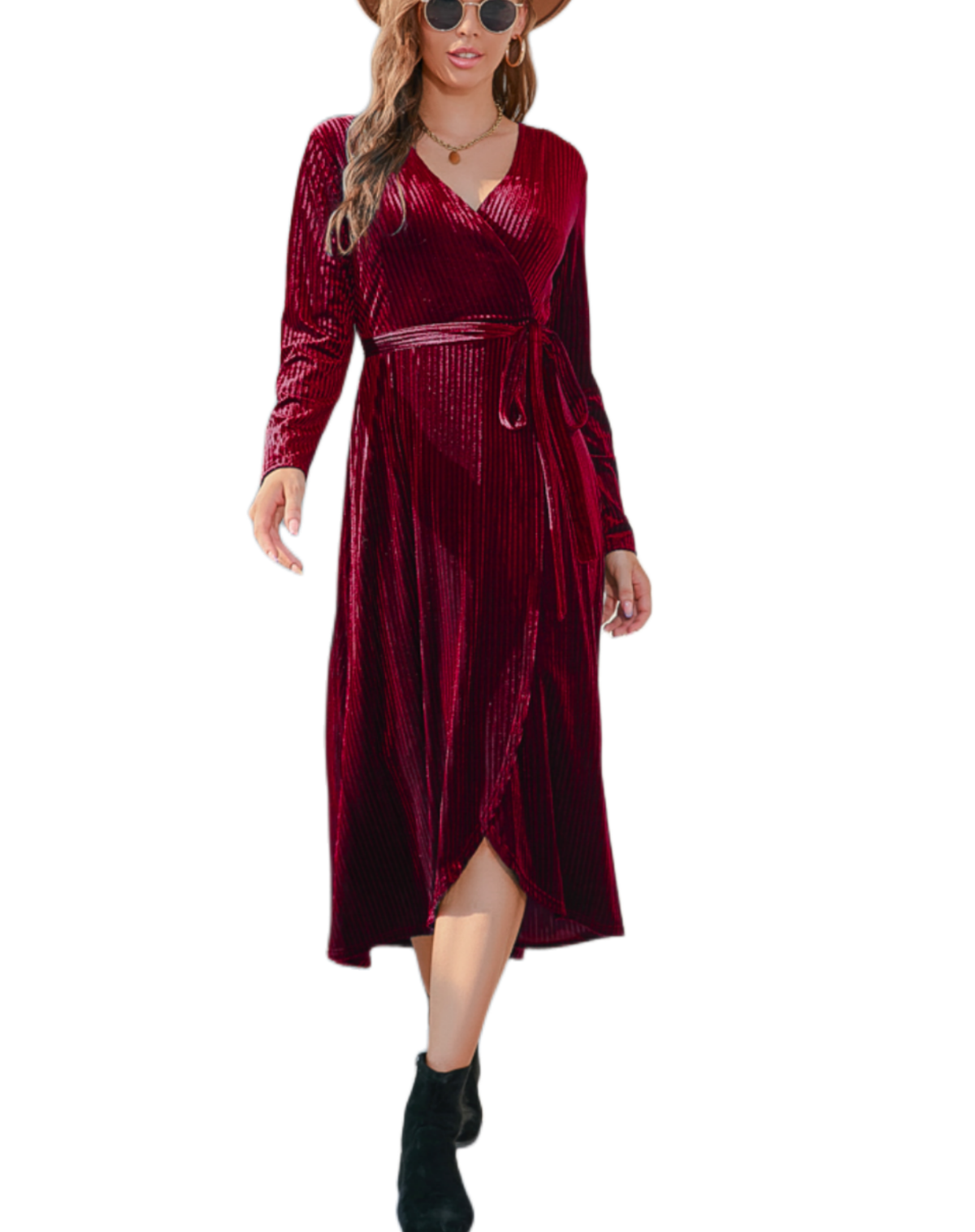 Women's Summer Midi Dress VNeck Long Sleeves Side Split Dresses with