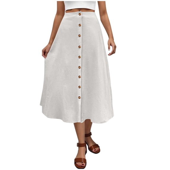 Women's Summer Midi Skirt with Pockets Elastic High Waist Casual Flowy A Line Tiered Ruffle Beach Skirts White L