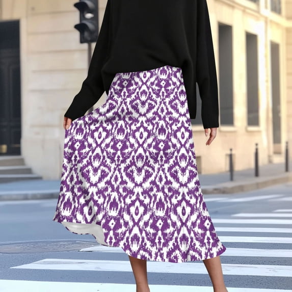 Women's Summer Midi Skirts Elastic High Waist Flowy Casual Summer Trendy Printed Boho Beach Vacation Skirt