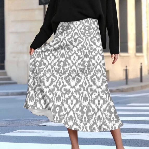 Women's Summer Midi Skirts Elastic High Waist Flowy Casual Summer Trendy Printed Boho Beach Vacation Skirt