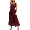 thumbnail image 1 of Women's Summer Midi Tulles Dress Sleeveless Smocked Squares Neck Tiered Ruffle Flowy Party Wedding Guest Dress Long Maxi Sundress Club Dresses Wine S, 1 of 9