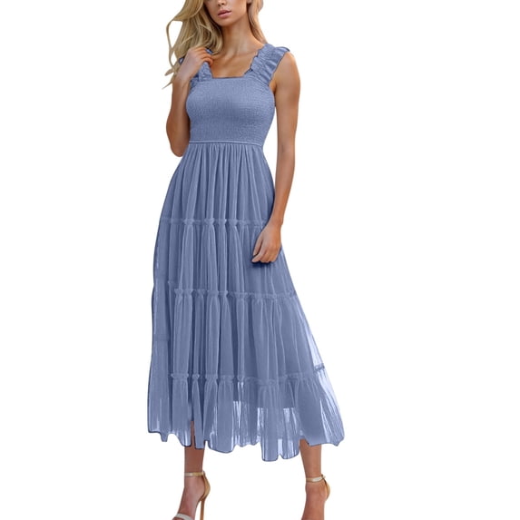 Women's Summer Midi Tulles Dress Sleeveless Smocked Squares Neck Tiered Ruffle Flowy Party Wedding Guest Dress Long Maxi Sundress Womens Plus Size Fall Dresses Blue M