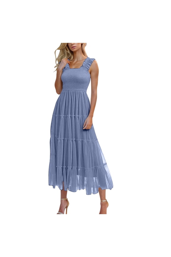 Women's Summer Midi Tulles Dress Sleeveless Smocked Squares Neck Tiered Ruffle Flowy Party Wedding Guest Dress Long Maxi Sundress Womens Plus Size Fall Dresses Blue M