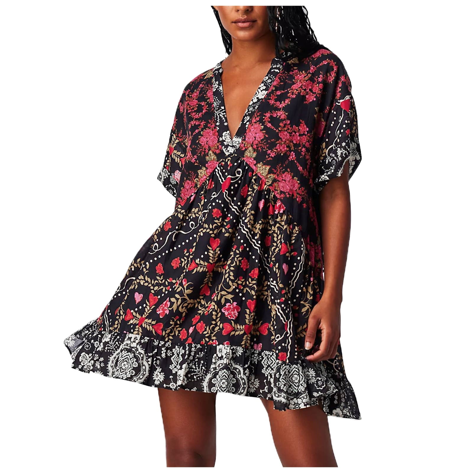 Women's Summer Mini Dress 2024, Y2k Floral Deep VNeck Puff Sleeve