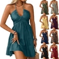 thumbnail image 1 of Women's Summer Mini Dress Halter Backless Sleeveless A Line Ruffle Hem Flowy Cami Dresses Sundress Yellow, 1 of 9