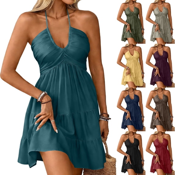 Women's Summer Mini Dress Halter Backless Sleeveless A Line Ruffle Hem Flowy Cami Dresses Sundress Yellow