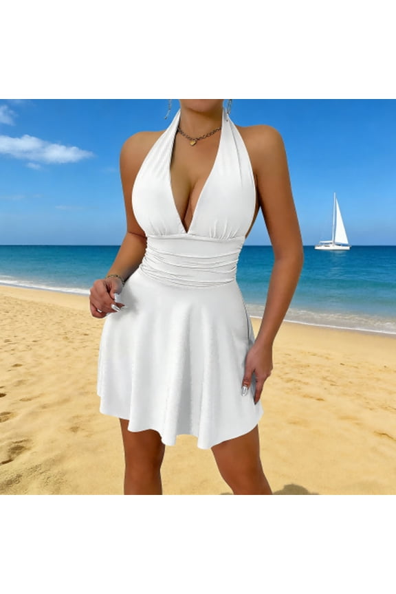 Women's Summer Mini Swing Dress Deep V Neck Halter Backless High Waist Ruched Bodice A-Line Flared Hem Sun Dress For Beach Vacation Club Party Date Night