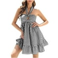 thumbnail image 1 of Women's Summer Neck Plaid Mini Dress Sleeveless Cutout Backless Pleated Ruffle Hem Swing Boho Beach Sundress, 1 of 5