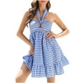 thumbnail image 1 of Women's Summer Neck Plaid Mini Dress Sleeveless Cutout Backless Pleated Ruffle Hem Swing Boho Beach Sundress, 1 of 7