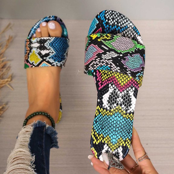 Women's Summer New Color Snake Print Round Head One Line Outside To Wear Casual Flat Slippers Sandals for Women Camouflage 37