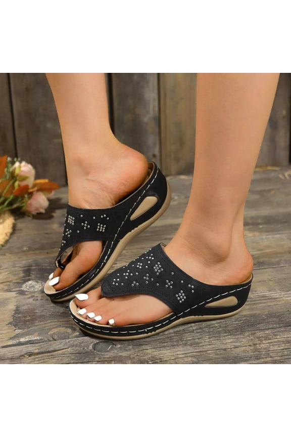 Women's Summer New Large Size Bead Decorative Wedge Slippers Fish Mouth Line Beach Slippers Summer Sandals Black 38