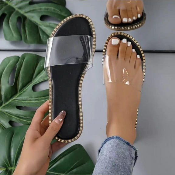 Women's Summer New Large Size Clear Line Strap To Wear Beach Flat Slippers Light Sandals Sandals for Women Black 37